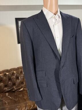 Tom Ford Navy Houndstooth Flannel Wool Peak Lapel Blazer 54 44R